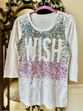 Justice White Long-Sleeve Sequin 'WISH' Top - Multicolor Sparkle Girls Size 16